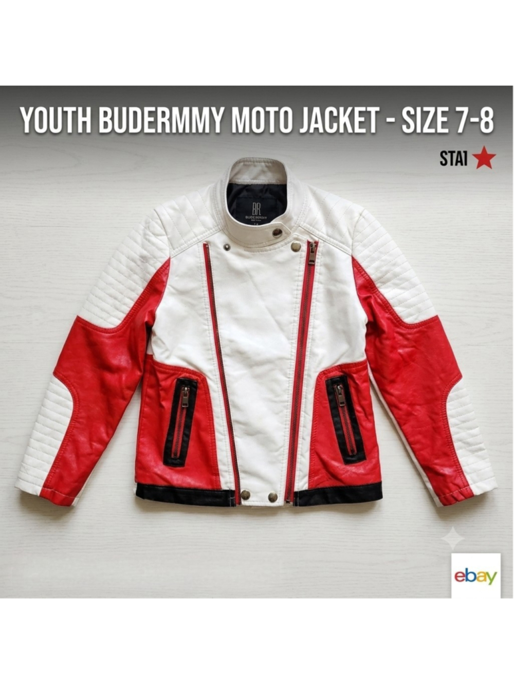 Budermmy Kids Faux Leather Moto Jacket Size 7-8 Red White Black Biker Zip Youth